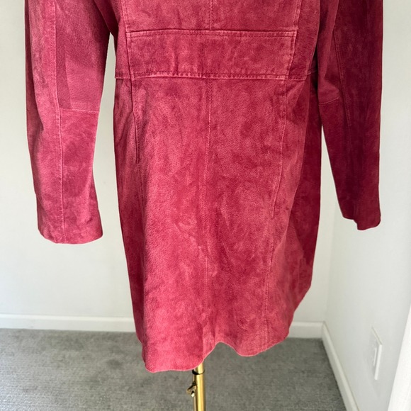 Burgundy 100% Leather Suede Trench Coat Jacket Small Denim & Co Academia Boho - Picture 10 of 16